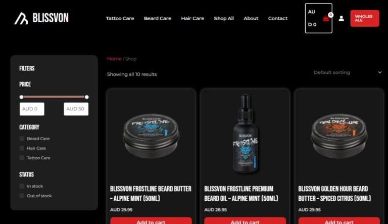 Screenshot of the Blissvon Australia website homepage