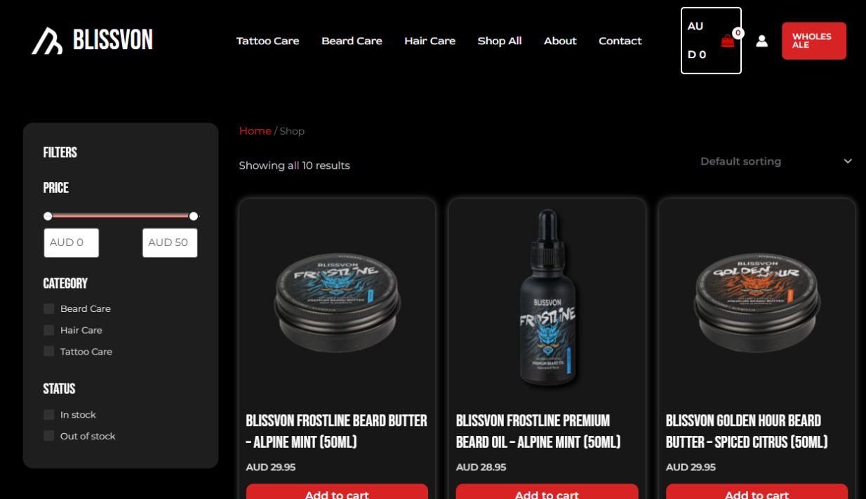 Screenshot of the Blissvon Australia website homepage