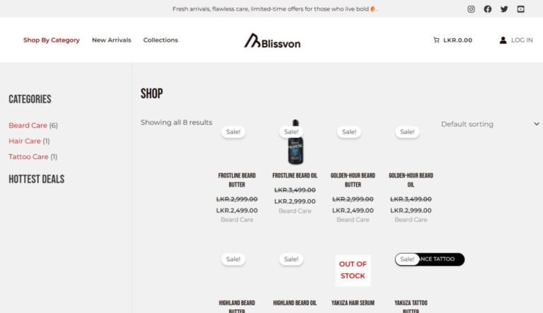 Screenshot of the Blissvon website homepage