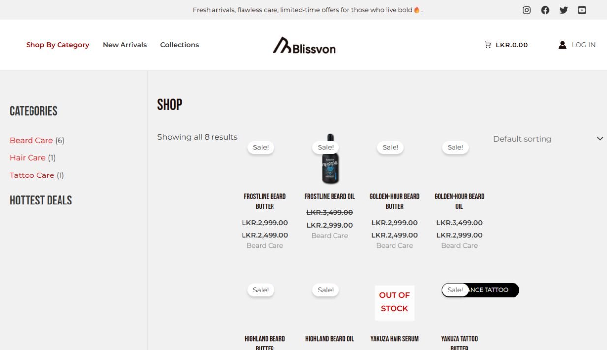 Screenshot of the Blissvon website homepage