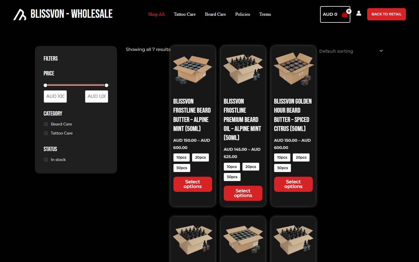 Screenshot of the Blissvon Wholesale website homepage